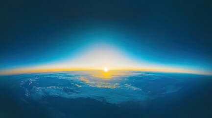 Fototapeta premium A breathtaking panoramic view of a sunrise from high altitude, showcasing Earth's curvature and atmospheric layers