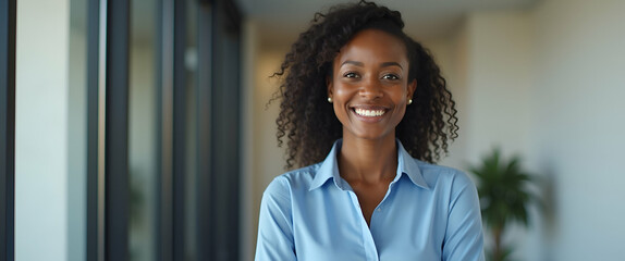 Happy confident young professional business woman CEO corporate leader smiling female African American businesswoman lawyer or hr manager wearing blue shirt standing in office portrait concept as Conf