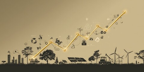 A digital illustration of a rising arrow graph intertwined with icons representing solar panels, wind turbines, and recycling, symbolizing sustainable business growth.