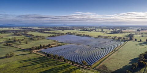 A drone-captured image of an expansive solar farm situated within a rural setting, demonstrating large-scale renewable energy implementation.
