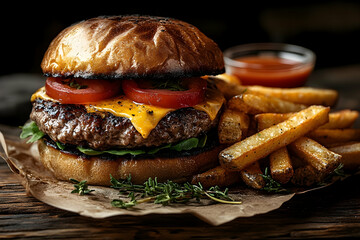 Juicy cheeseburger with french fries appetizing food photography