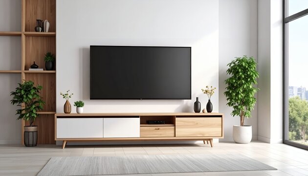 Modern living room interior design with large TV mounted on a white wall, wooden cabinet, plants, and a stylish rug creating a cozy atmosphere.