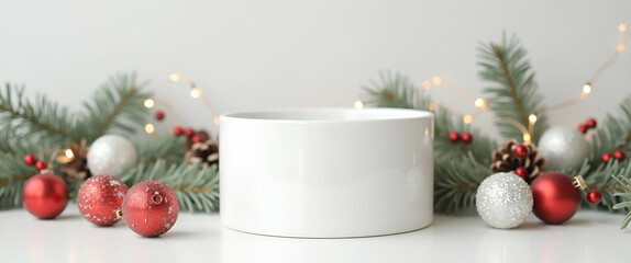 Minimalist White Container Surrounded by Festive Decor for Sleek Modern Holiday Presentation - Perfect for Advertising and Seasonal Themes with Empty Space on Left
