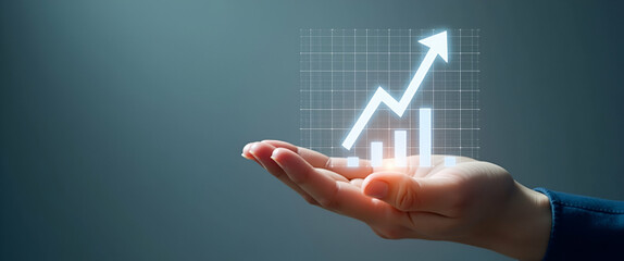 Fototapeta premium Hand presenting holographic investment growth stocks symbol in empty space, showcasing growth stocks against a minimalist backdrop for financial concepts and investment strategies.