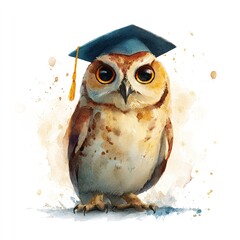 Cute watercolor owl in graduarion cap isolated. High quality