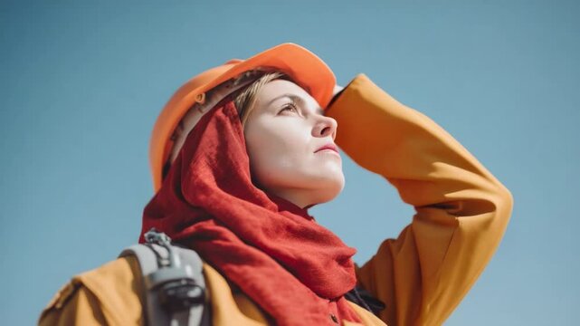 Woman with Determination: A determined individual, donning a hard hat and looking upwards, embodies resilience against a vivid, cloudless sky.