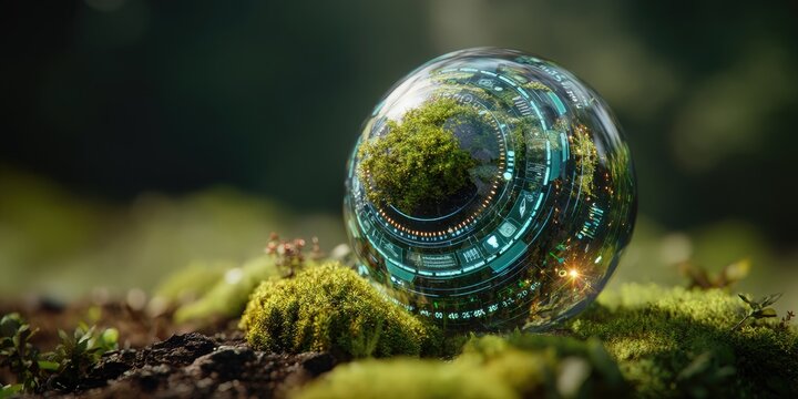 A globe resting on moss with a digital interface overlay displaying environmental data, merging technology with nature. - Powered by Adobe