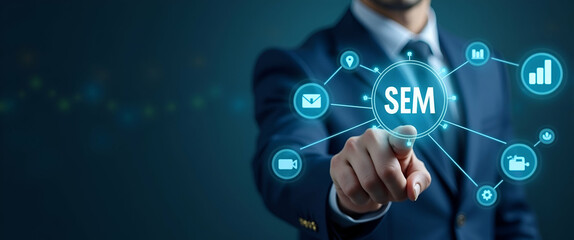 Businessman points to SEM icons on digital interface representing search engine marketing SEO strategies and online advertising rankings. concept as Businessman points to SEM icons on digital interfac