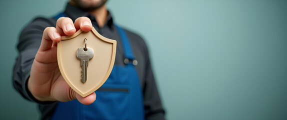 Photo Realistic Homeowner with Keys and Shield: Symbolizing Home Protection and Security in Whimsical Background for Insurance Ads