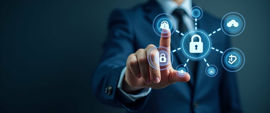 Businessman Engaging with SASE Icons on Digital Interface: Cloud Security, Network Management & Cybersecurity Solutions - Empty Space for Text
