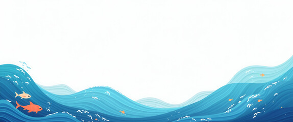 Ocean Waves and Fish Illustration Border with Copy Space for World Water Day Messages - Highlighting Marine Conservation
