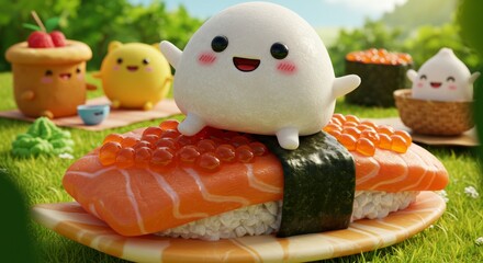 Obraz premium Whimsical sushi picnic scene with kawaii characters and delicious japanese cuisine
