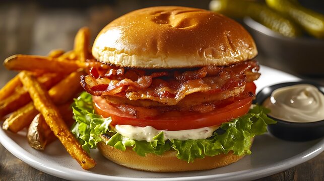 Bacon Lettuce and Tomato Burger with Fries