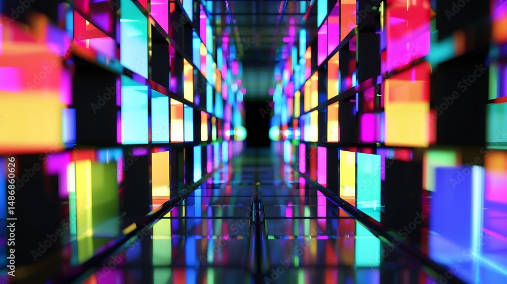 Poster abstract digital tunnel with colorful geometric blocks and bright illumination