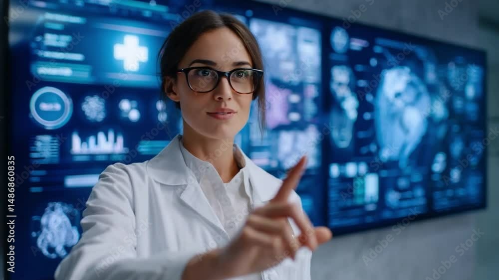 Poster focused insight: a dedicated scientist, poised in a modern laboratory, gestures towards an interacti