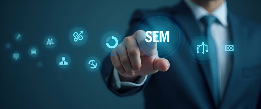 Businessman points to SEM icons on digital interface representing search engine marketing SEO strategies and online advertising rankings. concept as Businessman points to SEM icons on digital interfac
