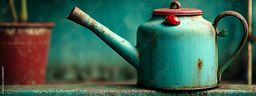 Poster the textured surface of a galvanized watering can with a ladybug crawling on it.