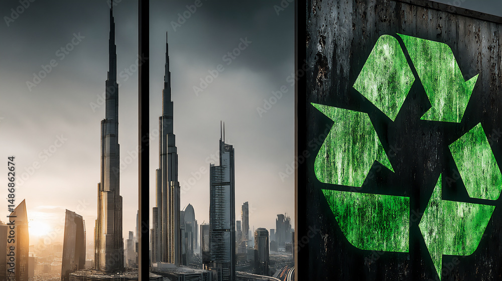 Poster 3d renderings visualizing sustainable future cities by integrating various colored and styled recycl