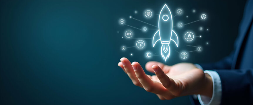 Hand Holding Holographic Business Growth Icons with Rocket Launching - Symbolizing Fast Rising Profits and Financial Success in Empty Space