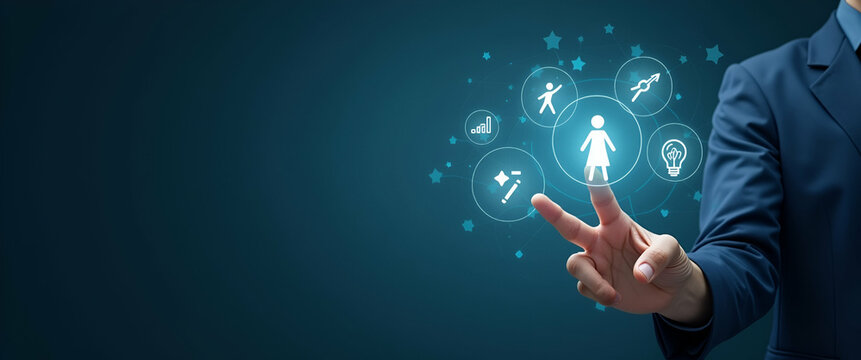 Hand Engaging with Holographic Skills Interface Showcasing Learning, Growth, Teamwork, and Innovation Icons in Empty Space - Photo Stock Concept