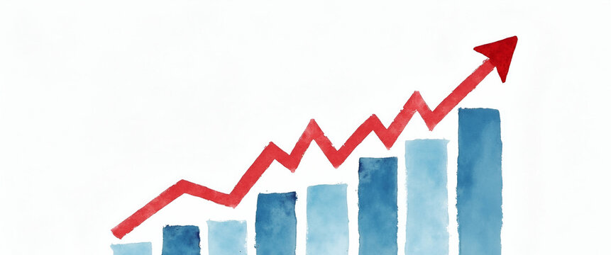 Watercolor Illustration of Startup Business Growth: Upward Arrow on Development Chart Showcasing Sales Performance, ROI, Opportunities, and Strategic Success Challenges