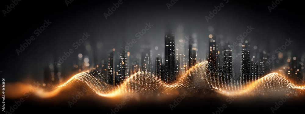 Poster a holographic projection of a smart city network with glowing data streams moving between buildings.