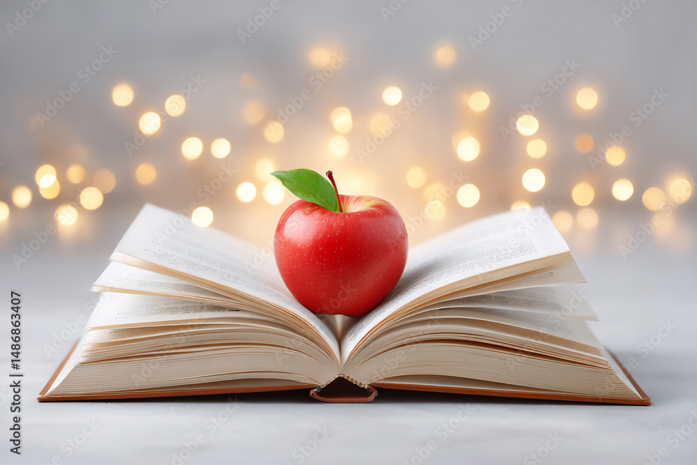 Aufkleber a single red apple resting on the pages of a gently illuminated open book.
