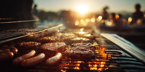 A barbecue grill sizzling with meats as the sun sets, casting a golden glow over an outdoor gathering. 