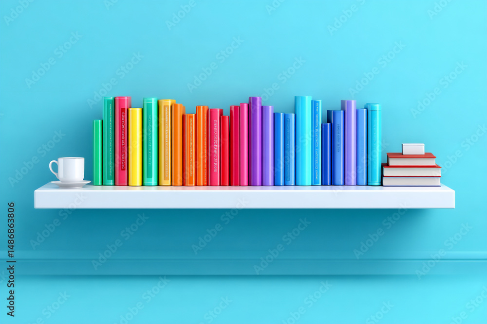 Poster a 3d rendering of a minimalist and sleek modern bookshelf in white or a light color