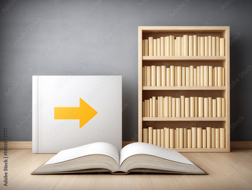 Poster a 3d rendering of a wooden bookshelf with many empty compartments and a few books casually placed or