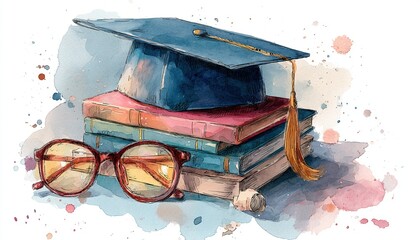 Watercolor illustration graduation cap books, glasses diploma. Education concept art. Academic achievement, learning, knowledge. University college degree. School subjects, success concept. Copy. High