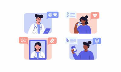 Fototapeta premium Online Medical Consultation with Chatbot Illustrations. Four flat illustrations of people using a medical chatbot for online health consultations.