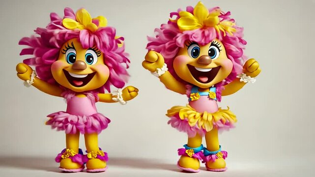 Cheerful animated characters with colorful outfits dancing