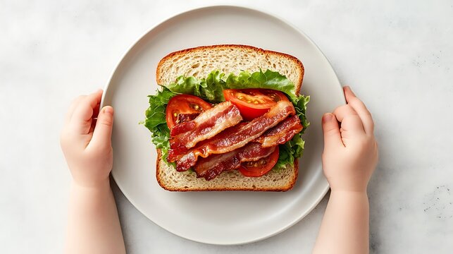 Child's Hands Holding a Plate with a BLT Sandwich