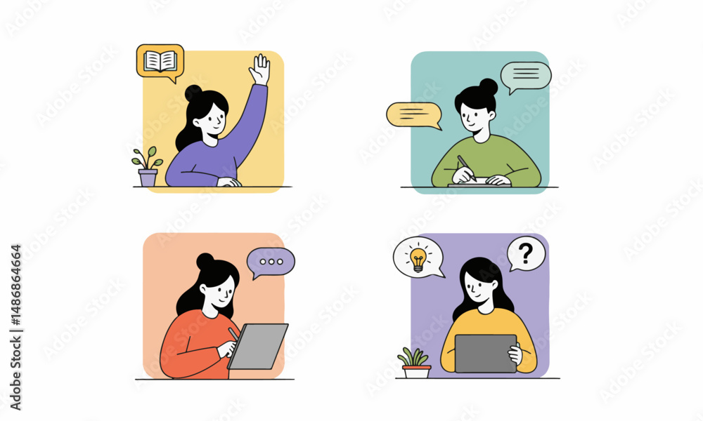 Poster students in online learning with thought bubbles.. such as asking questions, having ideas, reading, 