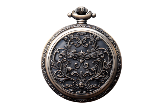 Ornate silver pocket watch isolated on transparent background
