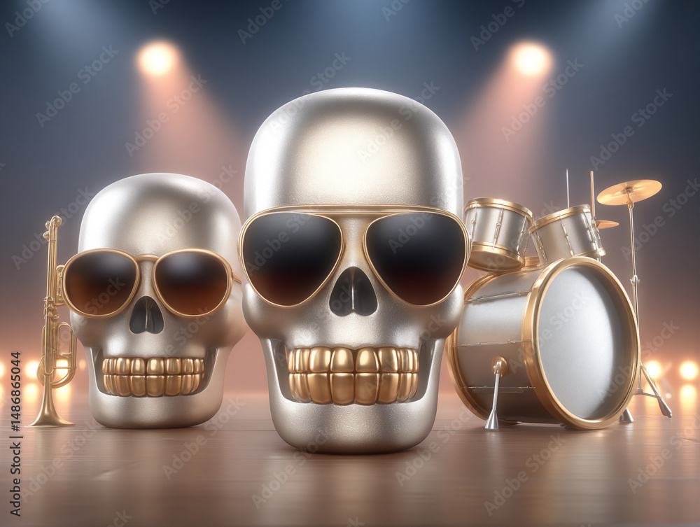Poster a 3d rendering of metallic skull sculptures playing various musical instruments arranged in an orche