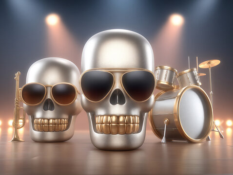 a 3d rendering of metallic skull sculptures playing various musical instruments arranged in an orche