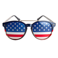 Patriotic sunglasses featuring American flag design on lens with black transparent background