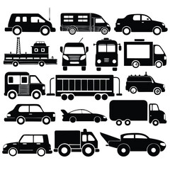 a comprehensive collection of simple black silhouettes representing various types of vehicles with white background.