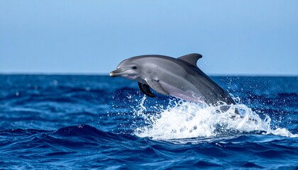 Fototapeta premium A dolphin leaps from the ocean water with a clear blue sky in the background