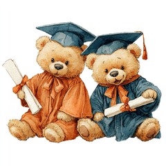 Watercolor of two cute teddy bears in graduation gowns and caps holding paws and diploma, Isolated on transparent background. High quality