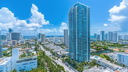 Fototapeta premium Modern cityscape highrise buildings aerial view ocean blue glass sunny day