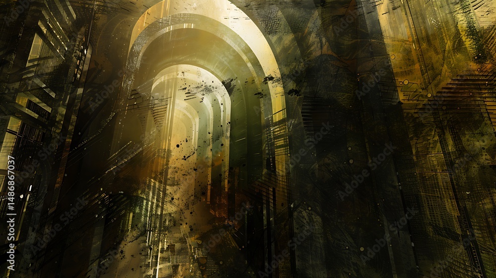 Poster abstract interior view of arched tunnels in golden light with geometric patterns