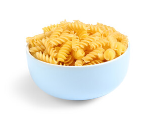Bowl of raw fusilli pasta isolated on white background