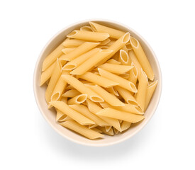 Bowl of penne pasta isolated on white background