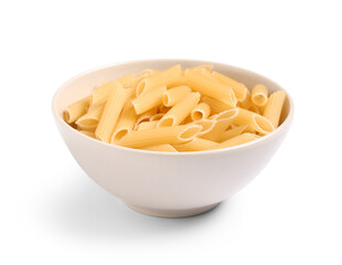 Bowl of penne pasta isolated on white background