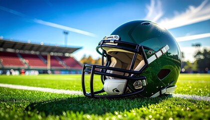 Close up of a green football helmet on a field with a stadium in background