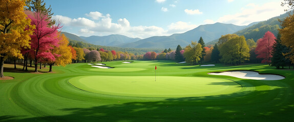 Stunning Golf Course Landscapes: Premium Stock Photos of Lush Greens and Vibrant Blooms for Commercial Advertising - Ideal for Digital Marketing Needs