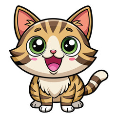A cute tabby kitten with wide, excited eyes and an open mouth  with white background.